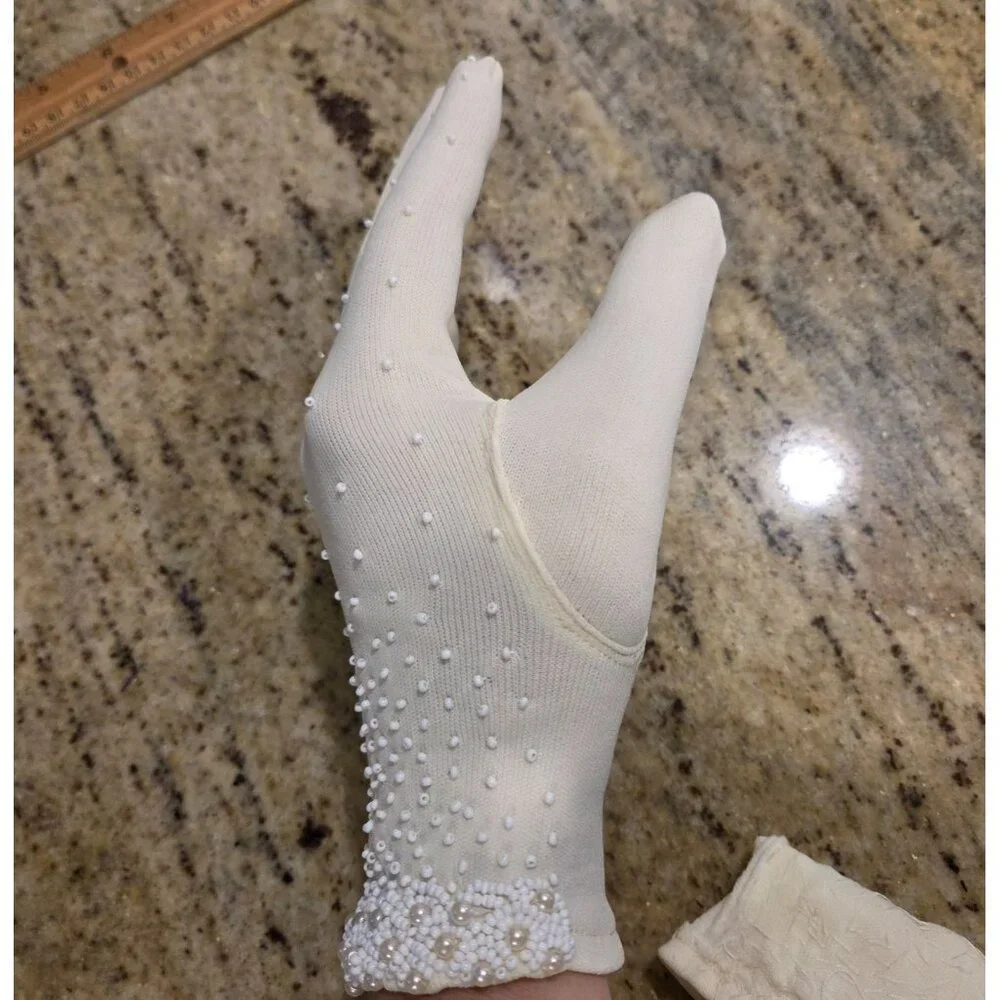 New! Vintage Women's One Size Stretch Nylon Yellow Formal Gloves Beaded Pearly